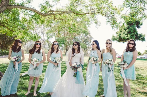 light green bridesmaid dresses of different length